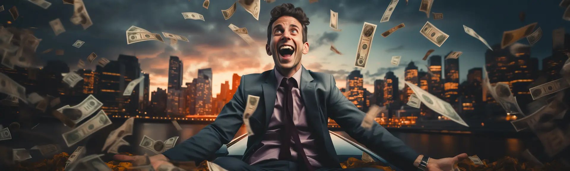 Money raining on happy business man