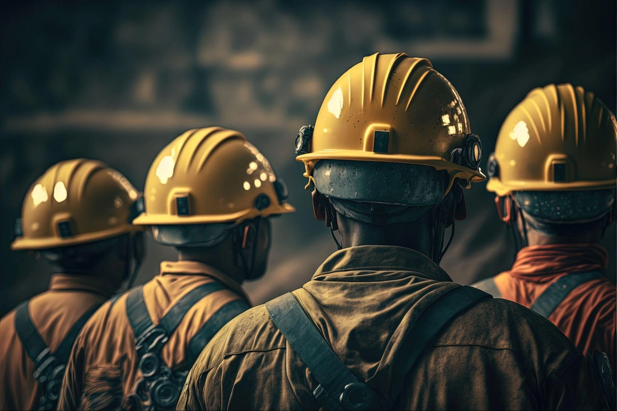 gold miners in yellow hard hats